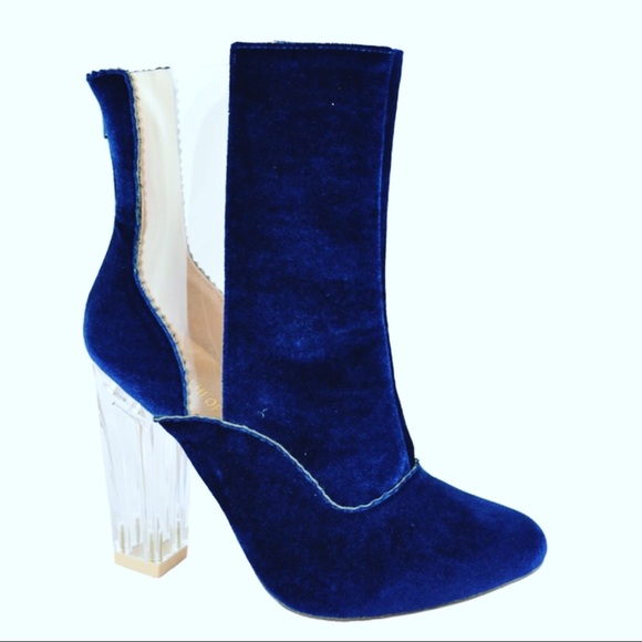 Chase + Chloe Shoes - ⭐️ ROYAL BLUE VELVET CLEAR CHUNKY HEEL BOOTS